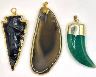 3 Large Natural Gemstone Pendant With Gold Plated Edges: Jasper Arrowhead, Agate Slice & Tusk Lot #: 73