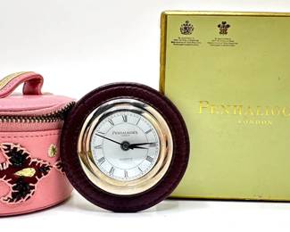 New In Box Temperley For Penhaligon's London Leather Travel Clock In Emroidered Case Lot #: 26