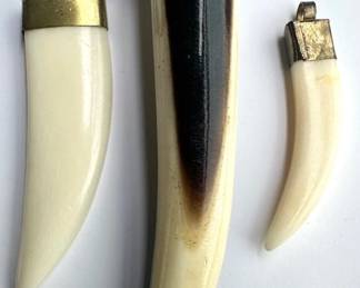 3 Vintage Carved Bone Tusk Shaped Pendants With Brass Hooks Lot #: 64