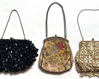 3 Vintage Handbags: Black Beaded Clutch, Floral Tapestry & White Faux Pearl Mesh With Metal Frame Lot #: 43