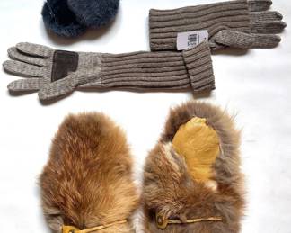 Pair Real Fur Mittens, New With Tags Extra Long Gloves & Genuine Fur & Leather Ear Warmers Lot #: 83