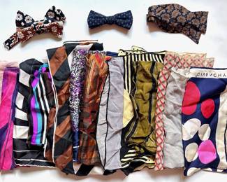 12 Vintage Scarves & 3 Bow Ties By Givenchy, Yves Saint Laurent, Vera Neumann, Gant Gaither & More Lot #: 66