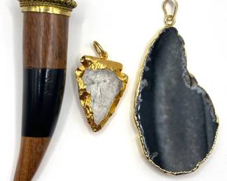 4 Natural Gemstone Pendants With Gold Plated Edges: Wood Tusk, Quartz Arrowhead & Agate Slice Lot #: 40