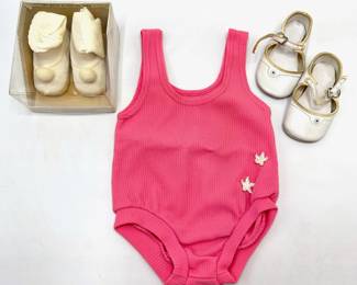 Vintage Newborn Baby Swim Suit, New In Box Newborn Booties & Pair Baby Shoes Size 2 Lot #: 114