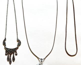 3 Vintage Necklaces: Crystal Pear Pendant, Silver Tone With Beads & Chain Lot #: 108
