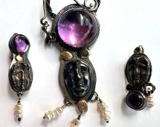Linda Kaye-Moses Sterling Silver Necklace Natural Stones & 14K Gold Details & Matching Earrings (1.26 Oz) Lot #: 8