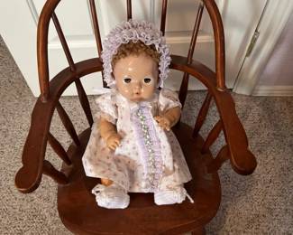 Effanbee 16 DayDee Baby Doll And Vintage Childs Rocking Chair
