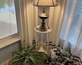 Small Plant Stand, Lamp, And A Couple Artificial Plants