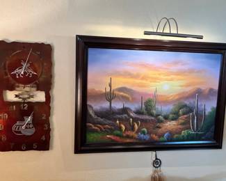 Metal Temperature Clock, Signed And Framed Desert Canvas Painting