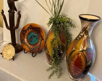 Tall Dark Earth Colored Vases, Wood Carved Eagle, Signed Plate