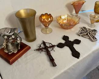 Carnival Glass Marigold Crackle, Amber Depression Glass, Crosses And More