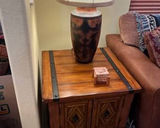 Rustic Wooden Table With Storage And Vase Style Lamp