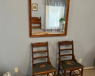 Two Vintage Side Chairs With Needle Point Seats And Mirror