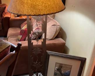 Tall Southwest Designed Floor Lamp And Two Signed Framed Picture
