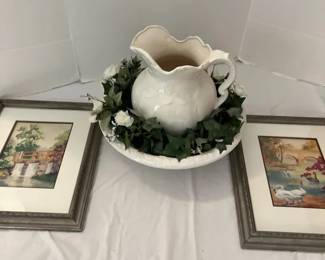 A MidCentury Water Pitcher And Bowl And Two Framed And Signed Pictures
