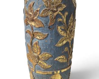 Asian Blue and Gold Gilt Carved Wood Vase 