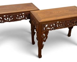 Refined 20th C. Chinese Carved Console Tables, Pair