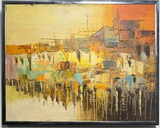 Mid Century Impasto Painting, Port Scene