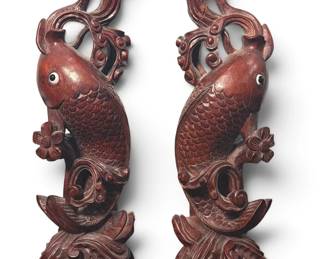Carved Chinese Mahogany Koi Fish Candle Holders