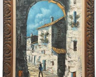 Spanish Mid Century Impasto Painting, Village Scene