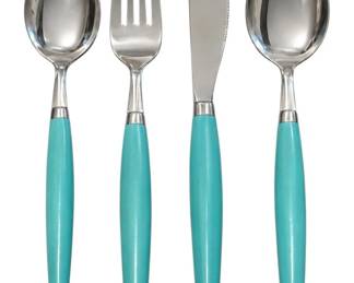 Mid Century Aqua Blue Melmac Flatware, Service for 10+