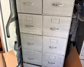 Vintage Five-Drawer Vertical Metal Filing Cabinets and Workshop Storage Cupboard with Contents