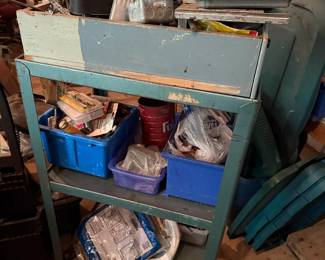 Three-Tier Metal Rolling Shop Cart with Plastic Bins and Assorted Hardware Contents