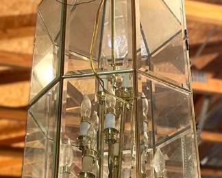 Brass and Beveled Glass Twelve-Light Large Foyer Chandelier Pendant