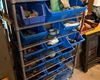 Commercial Wire Shelving Rolling Cart on Wheels Loaded with Plastic Bins and Assorted Hardware