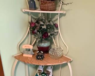 Wrought Iron and Wood Corner Etagere Style Shelf