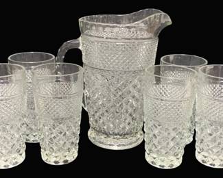 2223 - Anchor Hocking Wexford Pitcher & 6 Glasses (Description): Pitcher - 9.75" Tall Glasses - 6.5" Round