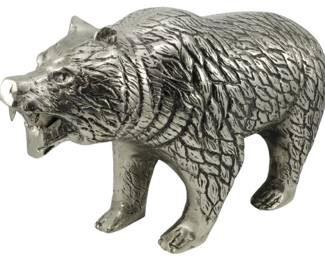 117 - Metal Bear Sculptural Figure 10"x6"x14" (Description): Depicting a roaring bear in a standing pose.  The piece features detailed textured fur  rendered in a stylized, sculptural manner  with a silvery metallic finish. Measures 10  inches by 6 inches by 14 inches.