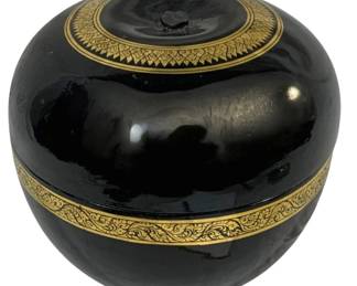 2449 - Oriental Storage Box - Damaged 10"x9" (Description): Oriental storage box with decorative gold  detailing. The piece shows damage. Measures  10 inches by 9 inches.