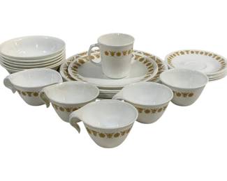 5173 - 29pcs Corelle Butterfly Gold Dinnerware (Description): This lot contains 5 teacups and 2 coffee mugs  (one is not pictured)