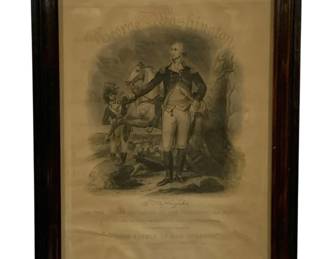 2124 - Vintage Framed Print of George Washington (Description): Framed George Washington print. The piece is  presented in a wooden frame and measures 15  inches by 19.5 inches.