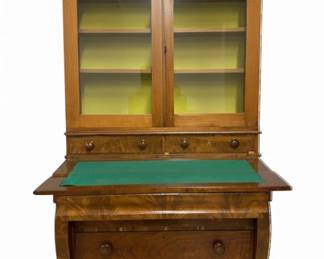 2573 - Empire 2 Part Bookcase Secretary (Description): flip out writing surface with felt top, has  crack in left glass in door, 76 x 39 x 18