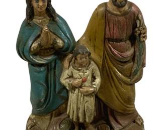 2443 - Religious Statue 13.5" tall (Description): A religious statue depicting the Holy Family.  The piece measures 13.5 inches tall and  features polychrome painted decoration  throughout.