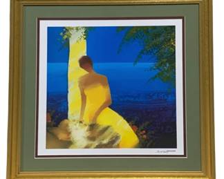 2889 - Framed Seriolithograph "Quietude Bleue Au Chat" (Description): signed by French Artist Emile Bellet 26 x 26