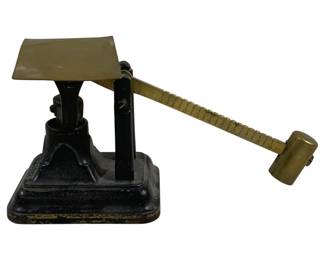 2111 - Antique Fairbanks Scale 9"x5"x3.25" (Description): Antique scale featuring a cast iron base with  a brass weighing platform and graduated  balance arm with sliding weight. Measures 9"  x 5" x 3.25". Used as is electric/electronic/mechanical item. No guarantee all components, untested.