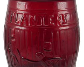 119 - Red Glass Planters Jar w/ Lid 13"x8" (Description): Featuring the iconic Mr. Peanut mascot  embossed on the barrel-shaped body. The jar  displays the "Planters" name in raised  lettering around the upper portion. The lid  is topped with a figural peanut finial. Measures 3 inches tall by 8 inches in  diameter.