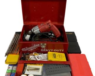 5106 - Milwaukee Heavy Duty Drill w/ Bits & Case (Description): 13.5 x 6 x 9 Used as is electric/electronic/mechanical  item. No guarantee all components, untested.