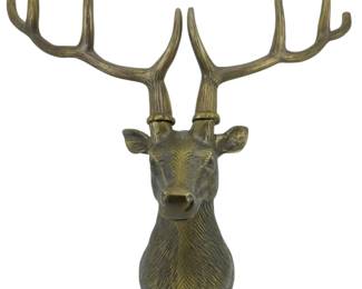 167 - Metal Deer Wall Decor w/ Detachable Antlers (Description): The sculptural piece features a stag head  with an antiqued brass finish and textured  surface detail. Measures 18 inches by 16  inches by 6 inches.