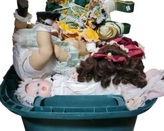 332 - Large Tote Overflowing with Porcelain Dolls & More