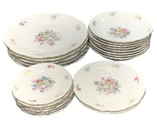2122 - 21 Pieces Crown Bavaria China (Description): A 21-piece set of Crown Bavaria china  featuring a floral pattern. The set includes  various plate sizes suitable for dining  service.