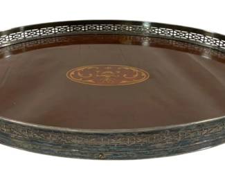 2278 - Inlaid Wood Serving Tray, Metal Gallery & Handles (Description): 20 x 12.5 x 3