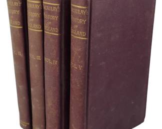 80 - Ca. 1850 Macaulay's History of England (Description): A set of four volumes from Macaulay's History  of England, circa 1850, comprising Volumes 2  through 5. Published by W.M. Allison  Company, the books feature burgundy cloth  covers with gilt lettering on the spines. The binding shows age-appropriate wear  consistent with volumes from this period.