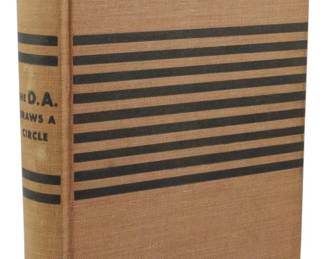 69 - 1939 First Ed. The D.A. Draws a Circle (Description): First edition of The D.A. Draws a Circle by  Erle Stanley Gardner, published in 1939 by  Triangle Books. This hardcover volume  features the original tan cloth binding with  black horizontal striping on the front cover and black lettering on the spine. Part of  Gardner's popular District Attorney series  featuring protagonist Doug Selby.