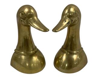 2076 - Pair Brass Duck Head Bookends 6.75"x4"x3" (Description): A pair of brass bookends featuring decorative  duck head designs. Each bookend measures 6  3/4 inches by 4 inches by 3 inches.