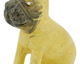 92 - Cast Iron Dog Figure 6.5" (Description): Cast iron dog figure depicting a seated  French Bulldog or Boston Terrier. The figure  features hand-painted details with a yellow  body, pink inner ears, and a dark gray muzzle  with white accent eyes. The piece displays a charming folk art quality with its stylized  form and painted finish. Measures 6.5 inches.