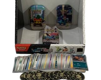 7242 - 160 Pokemon Cards, 3 Metal Tins, Coins & Box